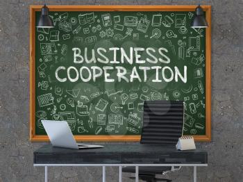 Business Cooperation - Handwritten Inscription by Chalk on Green Chalkboard with Doodle Icons Around. Business Concept in the Interior of a Modern Office on the Dark Old Concrete Wall Background. 3D.
