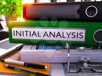 Initial Analysis - Green Office Folder on Background of Working Table with Stationery and Laptop. Initial Analysis Business Concept on Blurred Background. Initial Analysis Toned Image. 3D.