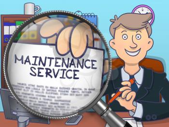 Man Shows Maintenance Service Offer. Closeup View through Lens. Multicolor Doodle Illustration.