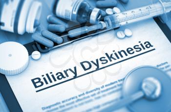 Biliary Dyskinesia Diagnosis, Medical Concept. Diagnosis - Biliary Dyskinesia On Background of Medicaments Composition - Pills, Injections and Syringe. Toned Image. 3D Rendering. 