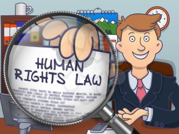 Officeman Showing Concept on Paper - Human Rights Law. Closeup View through Lens. Colored Modern Line Illustration in Doodle Style.