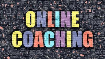 Online Coaching. Multicolor Inscription on Dark Brick Wall with Doodle Icons. Online Coaching Concept in Modern Style. Doodle Design Icons. Online Coaching on Dark Brickwall Background.