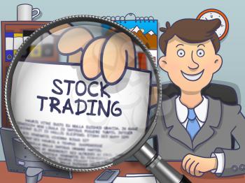 Businessman Sitting in Office and Showing Paper with Concept Stock Trading. Closeup View through Magnifier. Multicolor Modern Line Illustration in Doodle Style.