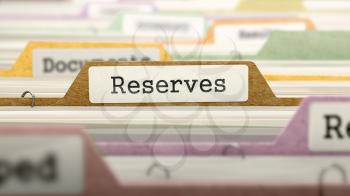 Reserves Concept on File Label in Multicolor Card Index. Closeup View. Selective Focus. 3D Render. 