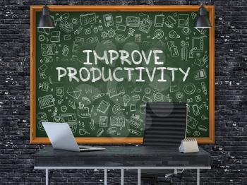 Improve Productivity Concept Handwritten on Green Chalkboard with Doodle Icons. Office Interior with Modern Workplace. Dark Brick Wall Background. 3D.