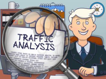 Traffic Analysis on Paper in Man's Hand through Magnifying Glass to Illustrate a Business Concept. Colored Doodle Illustration.