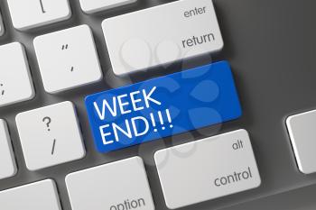 Week End Written on Blue Key of Slim Aluminum Keyboard. Concept of Week End, with Week End on Blue Enter Keypad on Modern Laptop Keyboard. 3D Render.