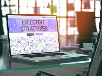 Effective Strategies Concept. Closeup Landing Page on Laptop Screen in Doodle Design Style. On Background of Comfortable Working Place in Modern Office. Blurred, Toned Image. 3D Render.