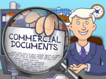 Commercial Documents on Paper in Man's Hand to Illustrate a Business Concept. Closeup View through Magnifier. Colored Modern Line Illustration in Doodle Style.