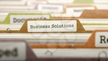 Business Solutions on Business Folder in Multicolor Card Index. Closeup View. Blurred Image. 3D Render.