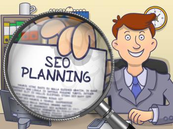 Businessman in Suit Holding a Paper with SEO Planning Concept through Lens. Closeup View. Multicolor Doodle Style Illustration.
