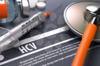 HCV - - Hepatitis C Virus - Printed Diagnosis with Blurred Text on Grey Background and Medical Composition - Stethoscope, Pills and Syringe. Medical Concept. 3D Render.