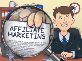 Affiliate Marketing. Cheerful Officeman in Office Showing Concept on Paper through Magnifying Glass. Multicolor Modern Line Illustration in Doodle Style.