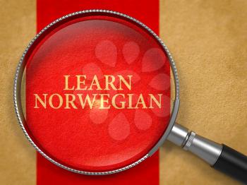 Learn Norwegian Concept through Magnifier on Old Paper with Red Vertical Line Background. 3D Render.