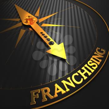 Franchising - Business Background. Golden Compass Needle on a Black Field Pointing to the Word Franchising. 3D Render.