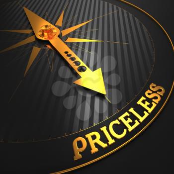 Priceless - Business Background. Golden Compass Needle on a Black Field Pointing to the Word Priceless. 3D Render.