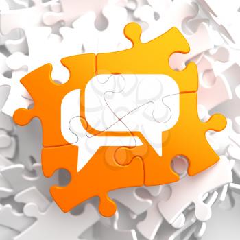 White Speech Bubble Icon on Orange Puzzle. Communication Concept.