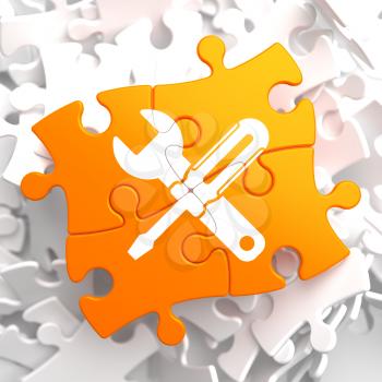 Service Concept - Icon of Crossed Screwdriver and Wrench - Located on Orange Puzzle. Business  Background.