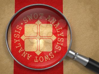 Magnifying Glass with SWOT Analisis Written Arround Icon on Old Paper with Red Vertical Line Background. Psychological Concept