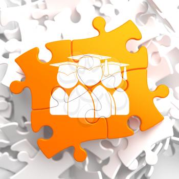 Icon of Human Silhouettes in Grad Hat on Orange Puzzle. Education Concept.