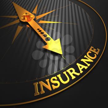 Insurance - Business Background. Golden Compass Needle on a Black Field Pointing to the Insurance Word.