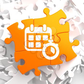 Time Concept. Icon of White Calendar with Timer on Orange Puzzle.