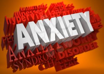 Anxiety - the Word in White Color on Cloud of Red Words on Orange Background.