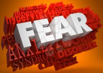 Fear - the Word in White Color on Cloud of Red Words on Orange Background.
