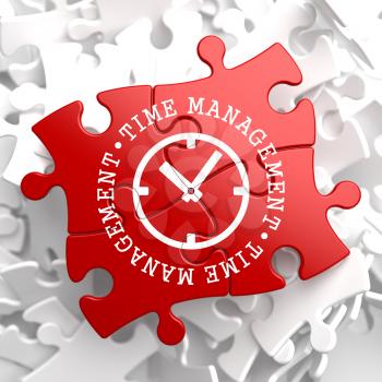 Time Management with Icon of Clock Face Written on Red Puzzle Pieces. Business Concept.