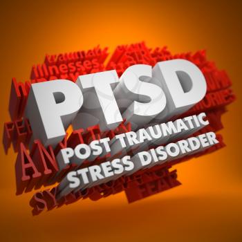 PTSD - Posttraumatic Stress Disorder - the Words in White Color on Cloud of Red Words on Orange Background.