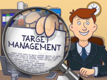 Target Management. Business Man Shows Paper with Inscription through Magnifier. Multicolor Doodle Style Illustration.