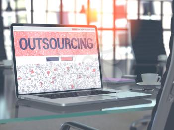 Outsourcing Concept. Closeup Landing Page on Laptop Screen in Doodle Design Style. On Background of Comfortable Working Place in Modern Office. Blurred, Toned Image. 3D Render.