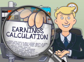 Earnings Calculation. Businessman in Office Showing through Lens Concept on Paper. Colored Modern Line Illustration in Doodle Style.
