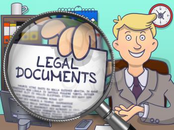 Businessman in Office Workplace Holds Out a Paper with Text Legal Documents. Closeup View through Lens. Colored Doodle Style Illustration.