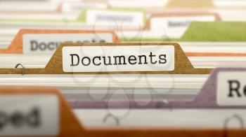 Documents on Business Folder in Multicolor Card Index. Closeup View. Blurred Image. 3D Render.