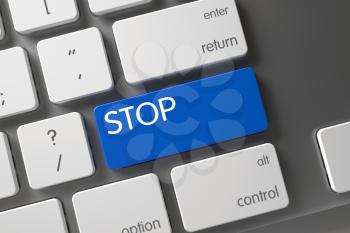 Keyboard with Blue Keypad - Stop. Blue Stop Button on Keyboard. Modern Keyboard with Hot Keypad for Stop. Stop Concept: White Keyboard with Stop, Selected Focus on Blue Enter Button. 3D Illustration.