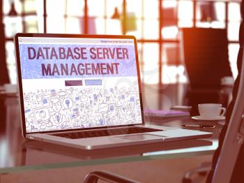 Database Server Management - Closeup Landing Page in Doodle Design Style on Laptop Screen. On Background of Comfortable Working Place in Modern Office. Toned, Blurred Image. 3D Render.