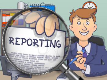 Reporting on Paper in Officeman's Hand to Illustrate a Business Concept. Closeup View through Magnifying Glass. Multicolor Modern Line Illustration in Doodle Style.