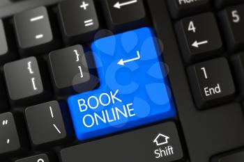 Button Book Online on Modern Laptop Keyboard. A Keyboard with Blue Button - Book Online. Book Online Concept: Modern Keyboard with Book Online, Selected Focus on Blue Enter Button. 3D Render.