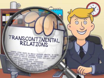 Officeman Shows Paper with Concept Transcontinental Relations. Closeup View through Magnifier. Multicolor Modern Line Illustration in Doodle Style.