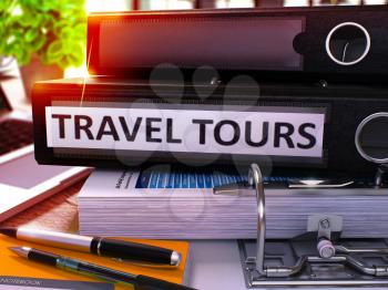 Black Office Folder with Inscription Travel Tours on Office Desktop with Office Supplies and Modern Laptop. Travel Tours Business Concept on Blurred Background. Travel Tours - Toned Image. 3D.
