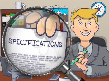 Specifications. Stylish Man Welcomes in Office and Showing Text on Paper through Lens. Colored Doodle Style Illustration.
