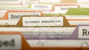 File Folder Labeled as Document Regulations in Multicolor Archive. Closeup View. Blurred Image. 3D Render.