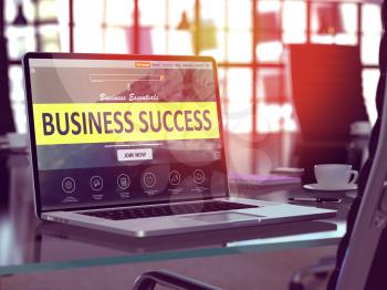 Business Success Concept. Closeup Landing Page on Laptop Screen  on background of Comfortable Working Place in Modern Office. Blurred, Toned Image. 3D Render.