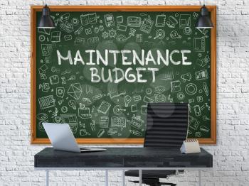 Hand Drawn Maintenance Budget on Green Chalkboard. Modern Office Interior. White Brick Wall Background. Business Concept with Doodle Style Elements. 3D.