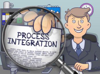 Process Integration. Text on Paper in Businessman's Hand through Magnifying Glass. Multicolor Doodle Style Illustration.