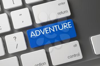 Adventure Concept Modernized Keyboard with Adventure on Blue Enter Button Background, Selected Focus. Key Adventure on Modern Laptop Keyboard. Adventure on Metallic Keyboard Background. 3D.