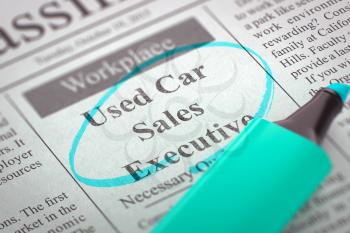 A Newspaper Column in the Classifieds with the Vacancy of Used Car Sales Executive, Circled with a Azure Highlighter. Blurred Image. Selective focus. Concept of Recruitment. 3D.