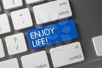 Enjoy Life Closeup of Computer Keyboard on Laptop. Enjoy Life Concept: Modernized Keyboard with Enjoy Life, Selected Focus on Blue Enter Button. Keyboard with Blue Button - Enjoy Life. 3D.