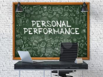 Green Chalkboard on the White Brick Wall in the Interior of a Modern Office with Hand Drawn Personal Performance. Business Concept with Doodle Style Elements. 3D.